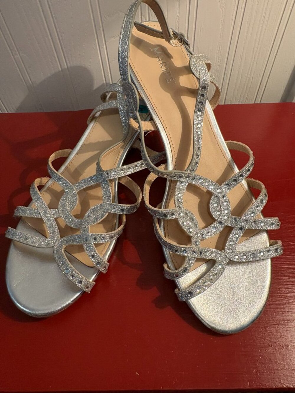 Maripe silver rhinestone sandals, 2" wedge, size 9